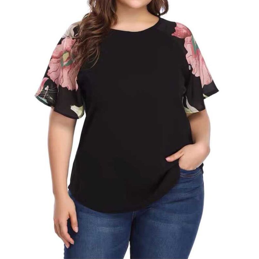 Black Chiffon Blouse Floral Flutter Short Sleeves – 1XL